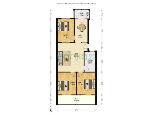 鑫园小区 3室2厅1卫 109平方