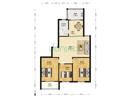 中山西苑 3室2厅1卫 102平方