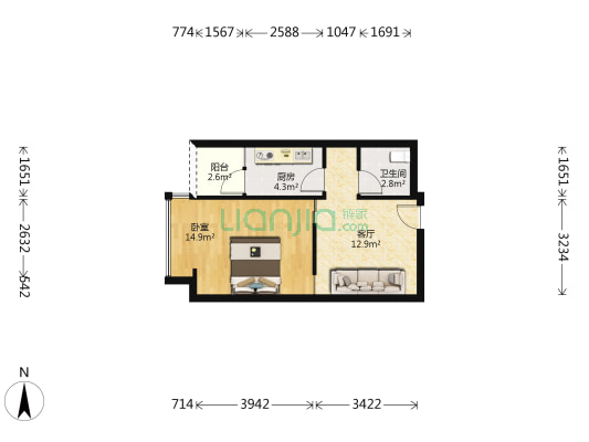 尚城公寓 1室1厅1卫 52平方
