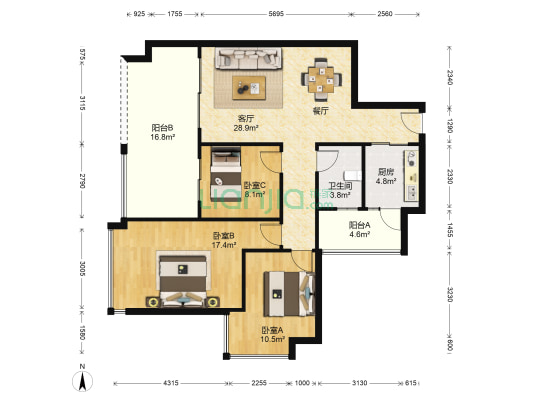 御郡 3室1厅1卫 106平方