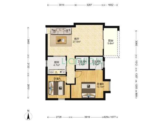 星晨广场二期 2室1厅2卫 80平方