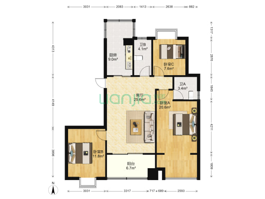 欣隆盛世观邸 3室1厅2卫 120平方