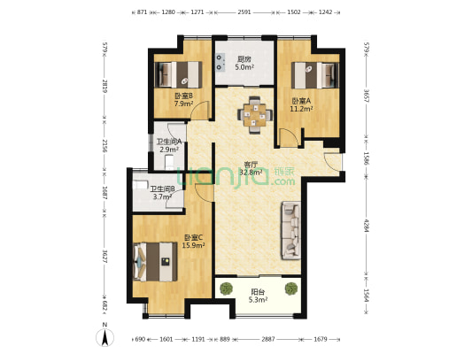 天汇龙城三期 3室1厅2卫 119平方