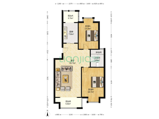 水木天成碧杉园 2室1厅2卫 102平方