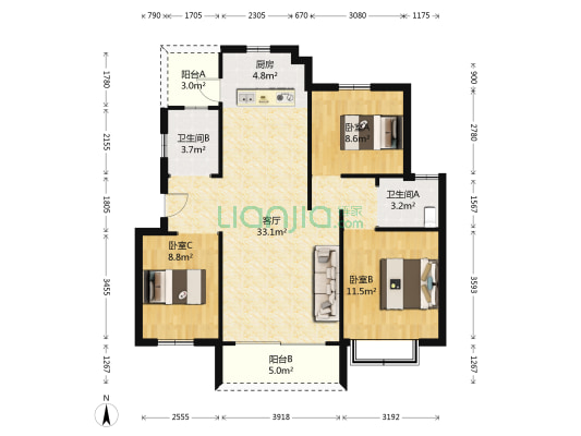 万基金海湾豪庭B区 3室1厅2卫 113平方
