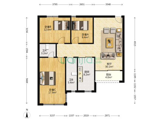 西湖花园 3室1厅2卫 95平方