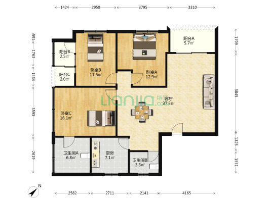 景瑞大厦 3室1厅2卫 146平方