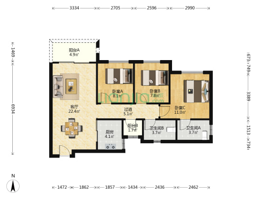 禹洲博学家 3室1厅2卫 88平方