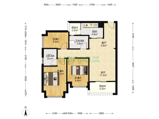 富元港景峰 3室2厅2卫 89平方