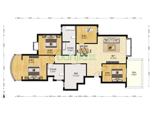 倍特金杏苑B区 4室1厅2卫 153平方
