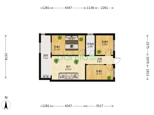 平政街34-35号 3室1厅1卫 52平方