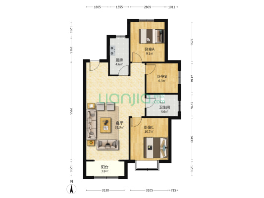 南北通透，全天采光视野开阔，小区环境好，交通便利-户型图