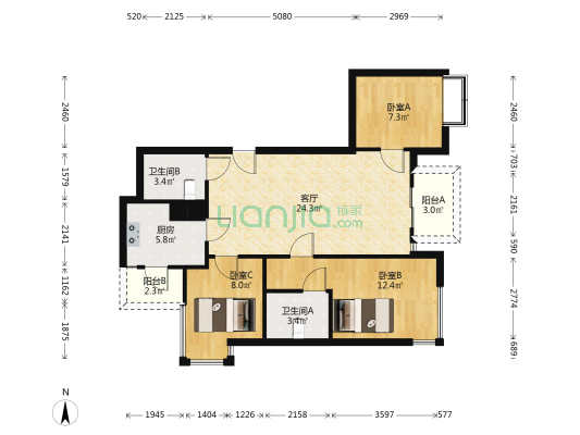 海逸豪庭尚都2区 3室1厅2卫 92平方
