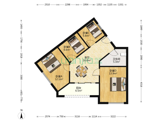 秦峰广场 4室1厅1卫 91平方