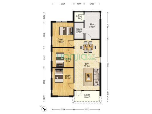 江北新苑 3室1厅1卫 96平方