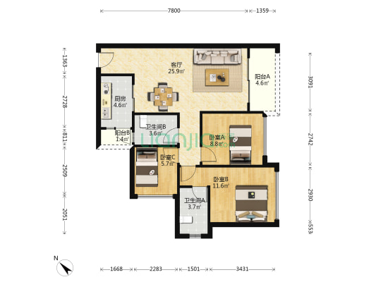 佳兆业金御雅园 3室1厅2卫 88平方