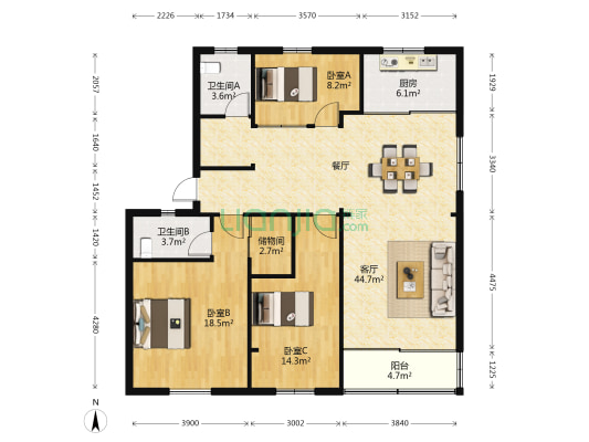 朱方路209号 3室1厅2卫 127平方