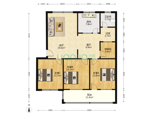兆祥小区 3室2厅1卫 122平方