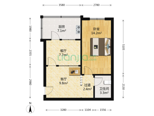 桃南43号院 1室2厅1卫 58平方