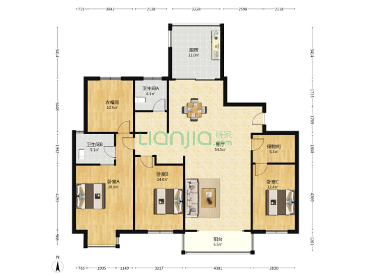 上花园 3室1厅2卫 190平方