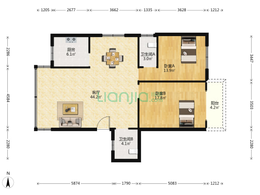 桂苑花园 2室1厅2卫 110平方