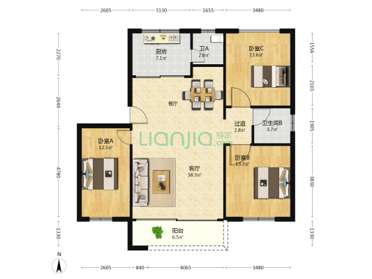 敦煌花园 3室1厅2卫 128平方