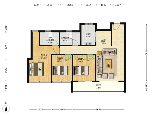建湖天铂 3室1厅2卫 121平方