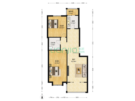 听海蓝珊 2室1厅1卫 115平方