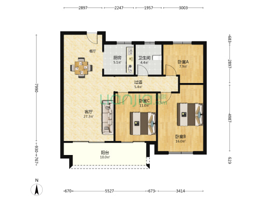 山水文院 3室1厅1卫 104平方
