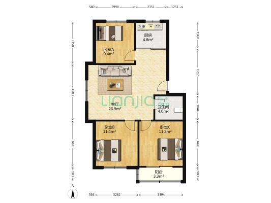 馨亚佳园 3室1厅1卫 92平方