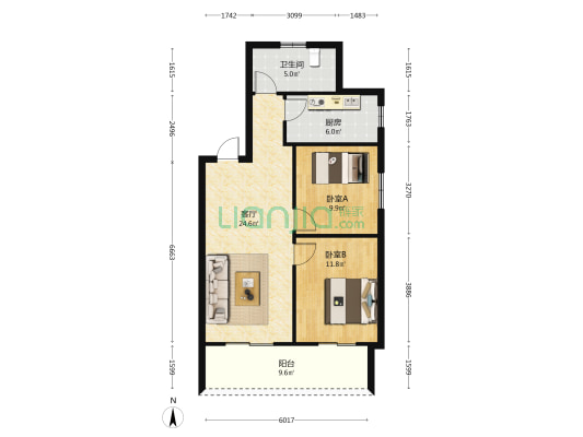 徽鸿·天悦府 2室1厅1卫 88平方