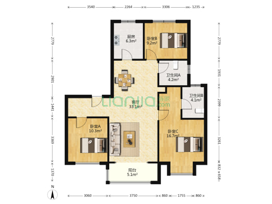 绿地IFC中央公馆B9区 3室1厅2卫 127平方