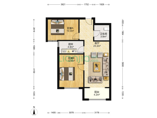 K2狮子城北区 2室1厅 南-户型图