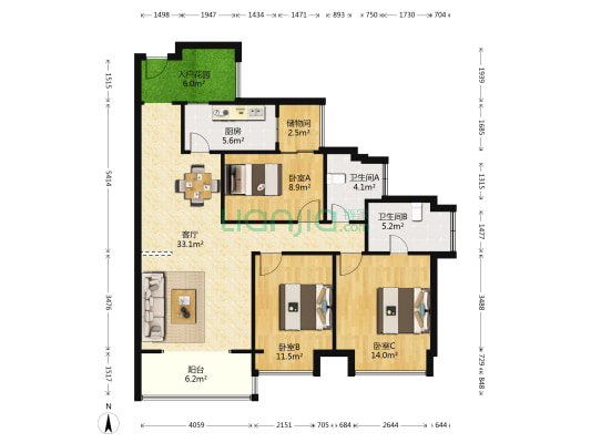 金房奥斯卡西区 3室1厅2卫 107平方