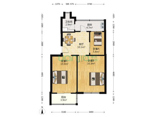 咸阳里 3室1厅1卫 64平方