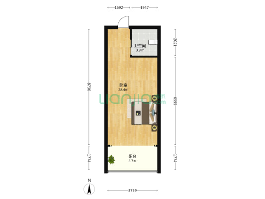 丹兰上公寓 1室0厅1卫 55平方