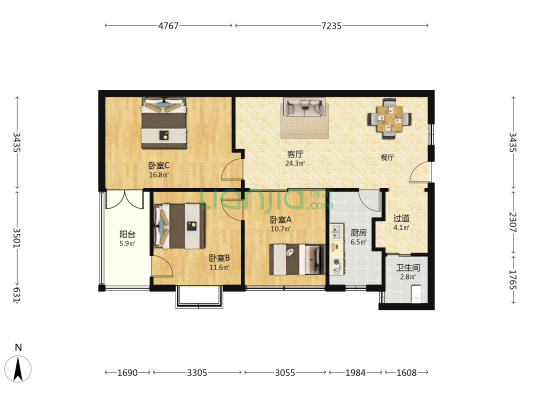 翰林苑 3室1厅1卫 109平方