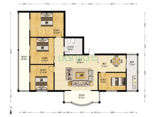 4382厂拐角楼 4室2厅1卫 154平方