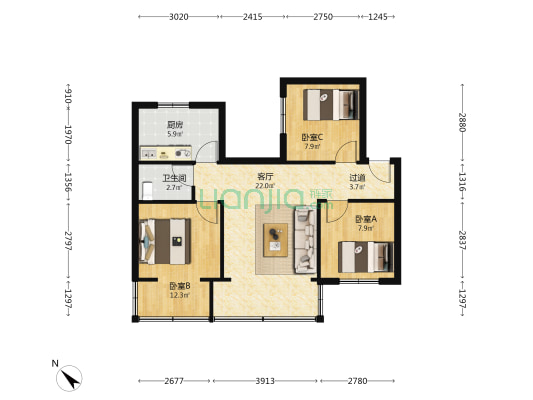 公园村 3室1厅1卫 74平方