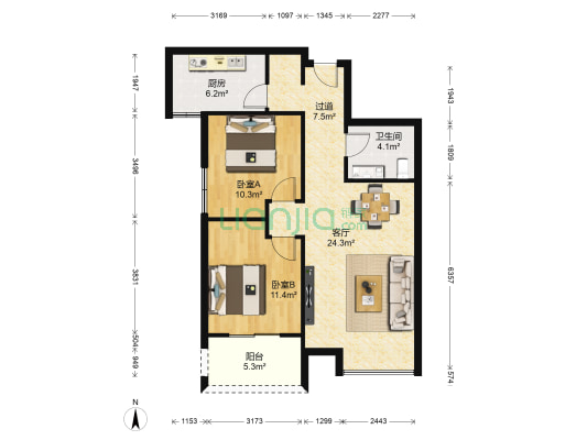 荣德棕榈阳光 2室1厅1卫 87平方