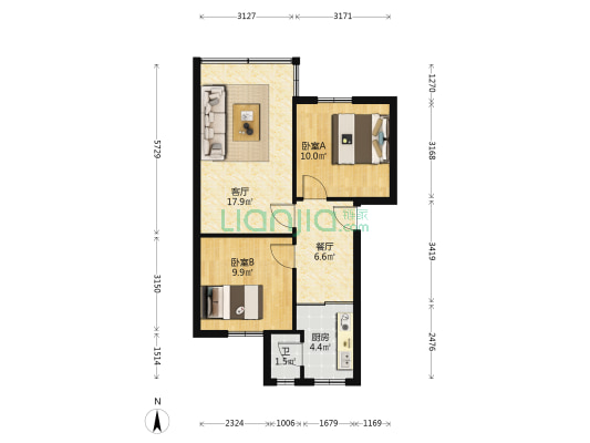 政法三村 2室2厅1卫 61平方