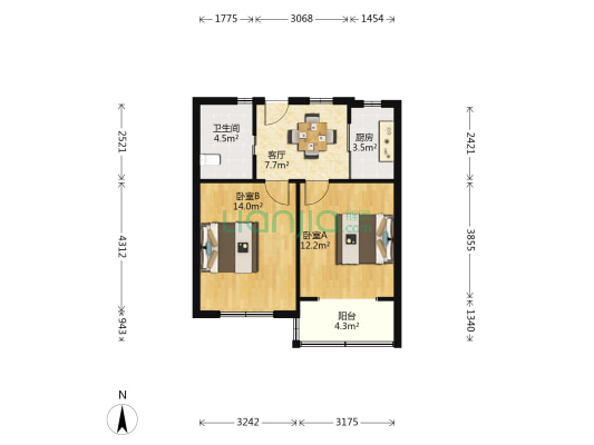 德华路331号 2室1厅1卫 59平方