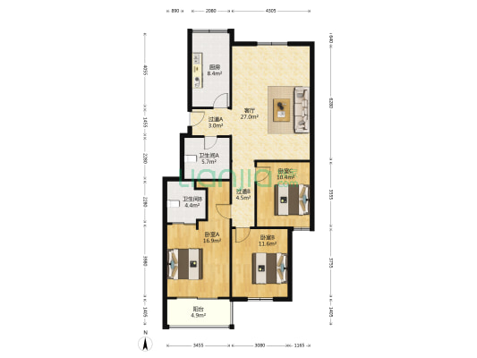 云裳公寓 3室1厅2卫 121平方