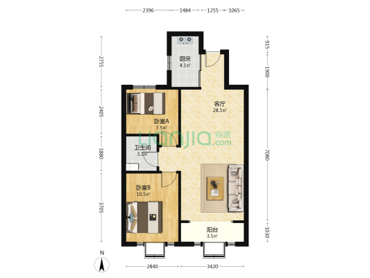 稼轩国际人才社区 2室1厅1卫 91平方
