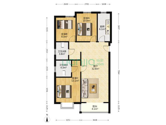 理想城  客厅主卧朝南三居室户型 满五唯一-户型图