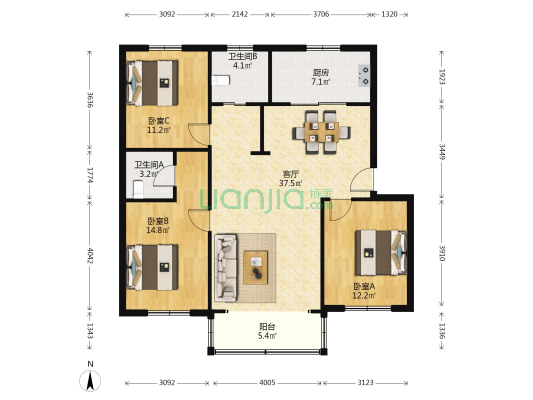 绿叶小区(松江) 3室1厅2卫 118平方