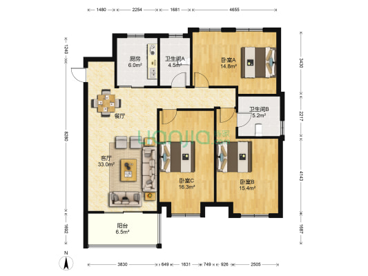 华润橡树湾二期南区 3室1厅2卫 137平方