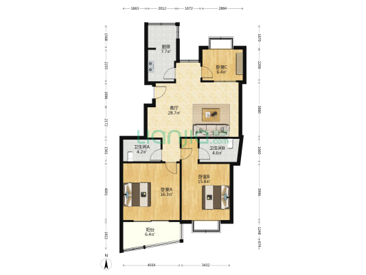 北海佳苑 3室1厅2卫 120平方