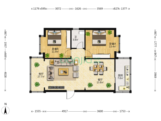 半导体家园 2室2厅1卫 90平方