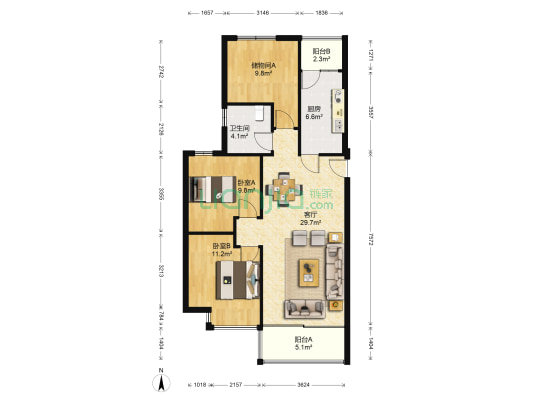 恒大帝景 2室1厅1卫 109平方